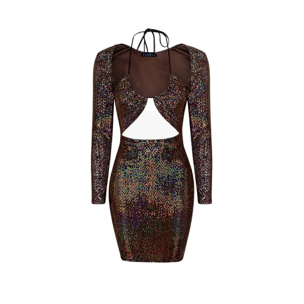 NWT Sabora Mocha Bronze Iridescent Sequin TwoPiece Bodycon Mini Dress Club Party